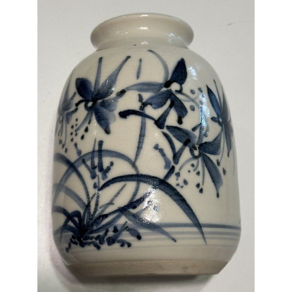 Studio art pottery vase Floral Handpainted signed Blue Flower Glazed Asian